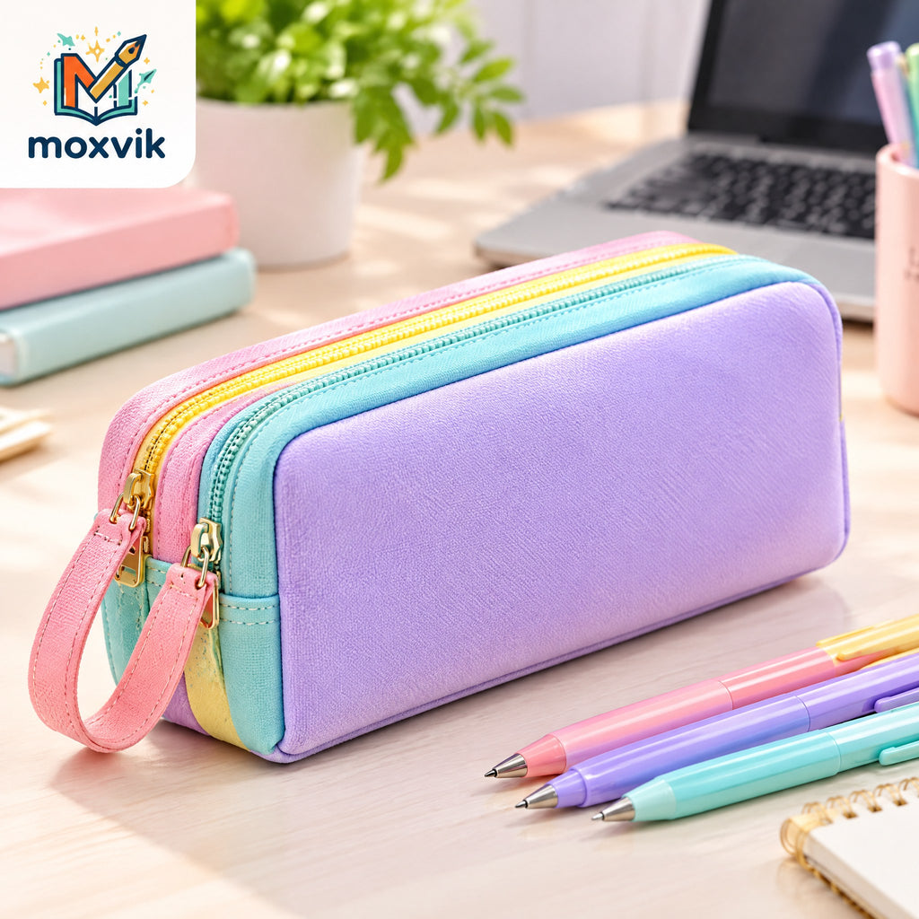 Moxvik Pastel Rainbow Zipper Pencil Case, view 1