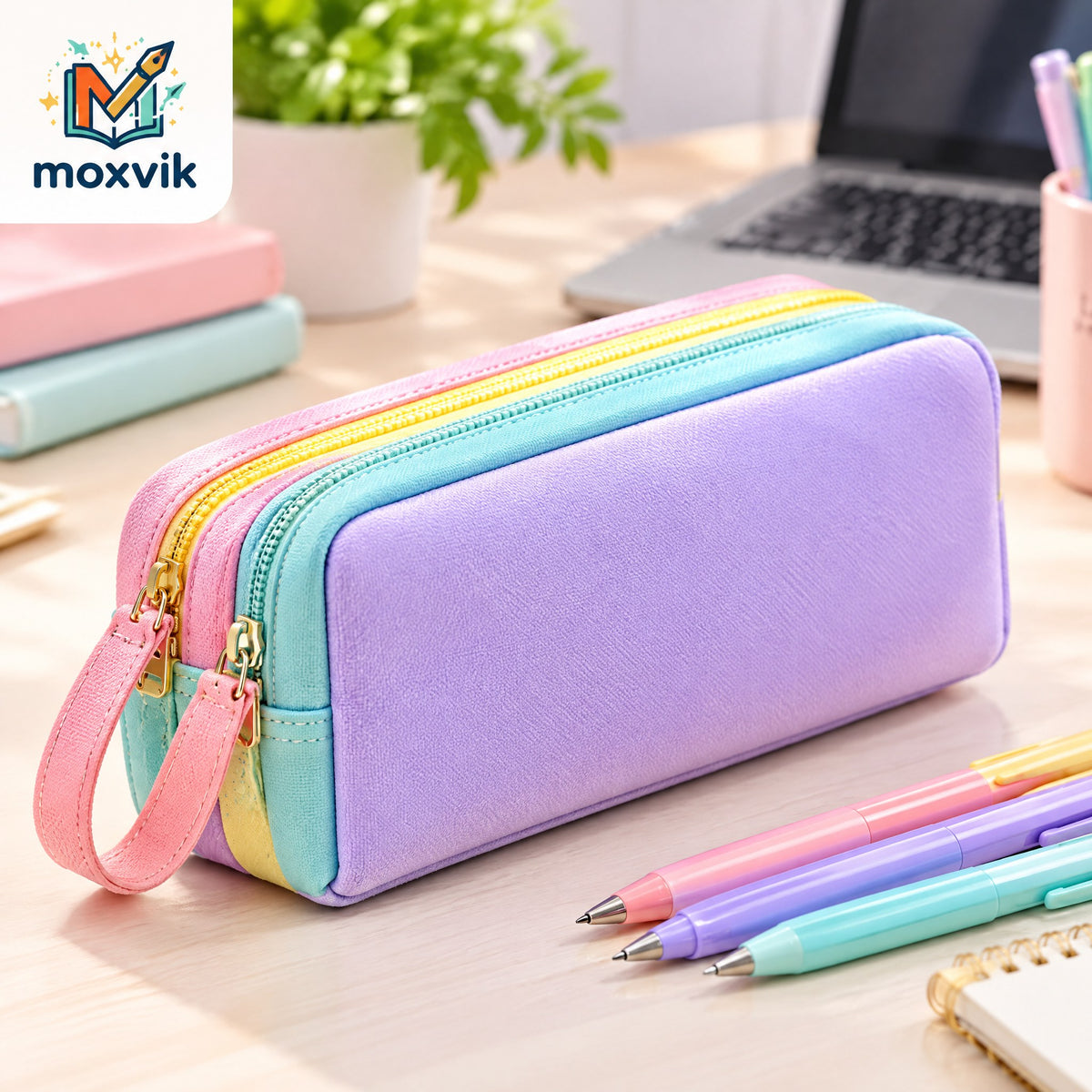 Moxvik Pastel Rainbow Zipper Pencil Case, view 1