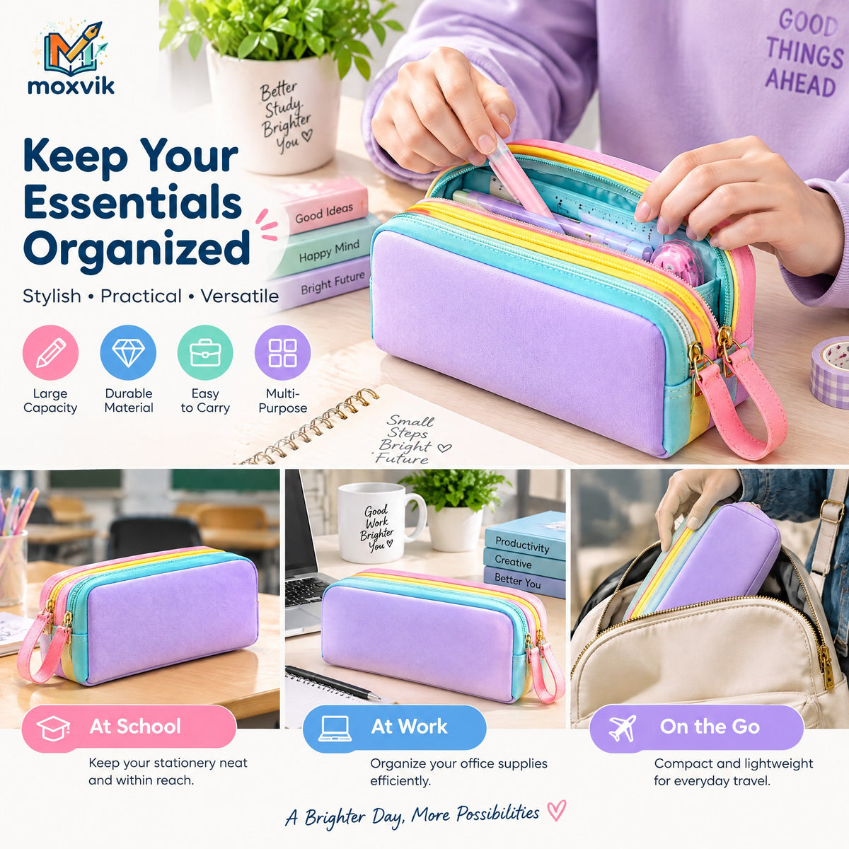 Moxvik Pastel Rainbow Zipper Pencil Case, view 2