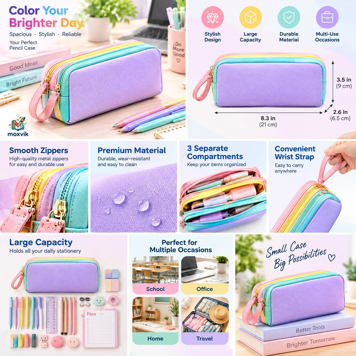 Moxvik Pastel Rainbow Zipper Pencil Case, view 3