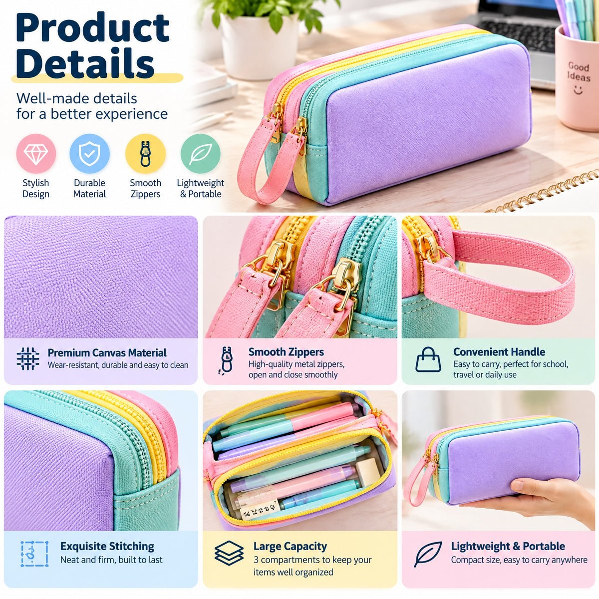 Moxvik Pastel Rainbow Zipper Pencil Case, view 4