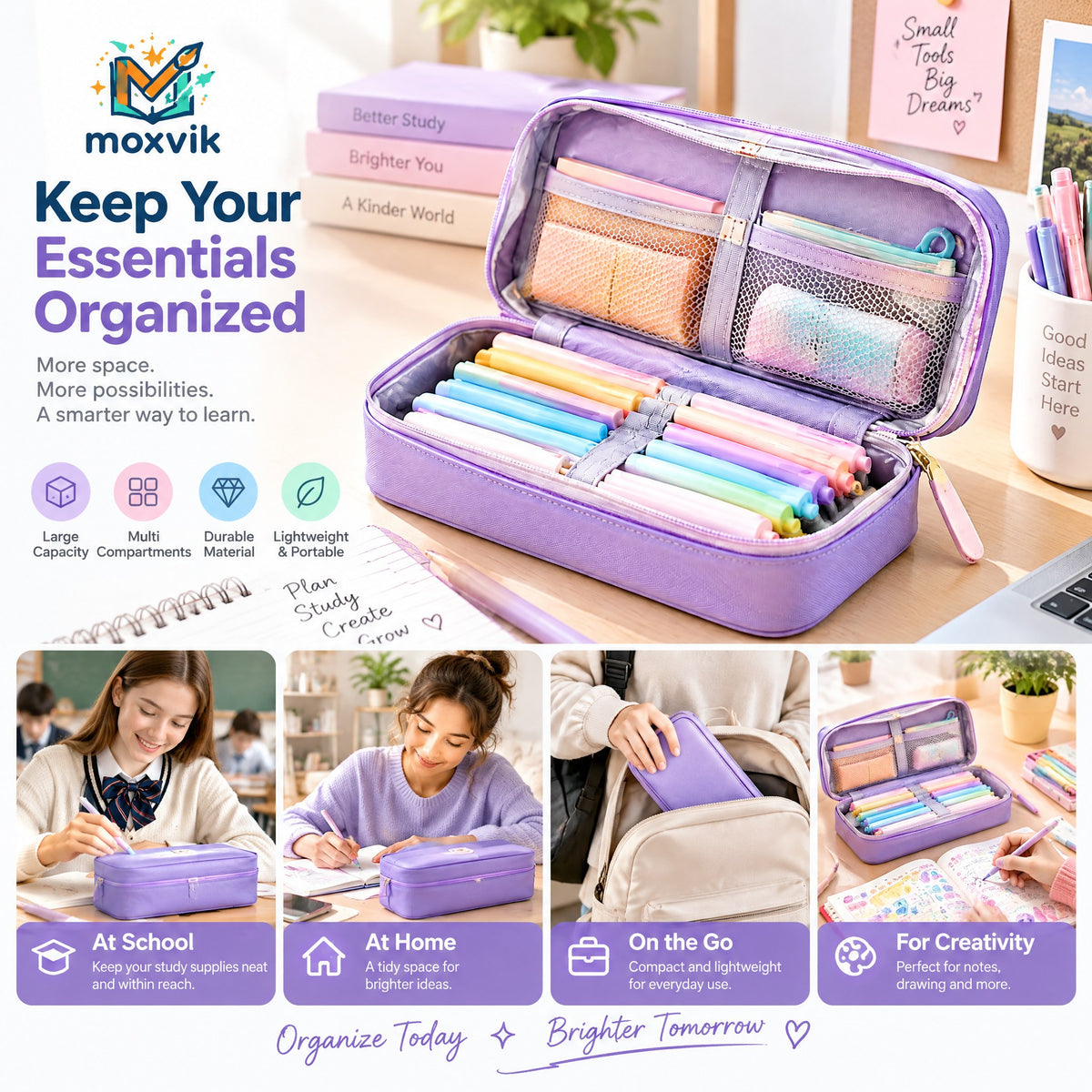 Moxvik Pastel Compartment Pencil Case Organizer, view 2