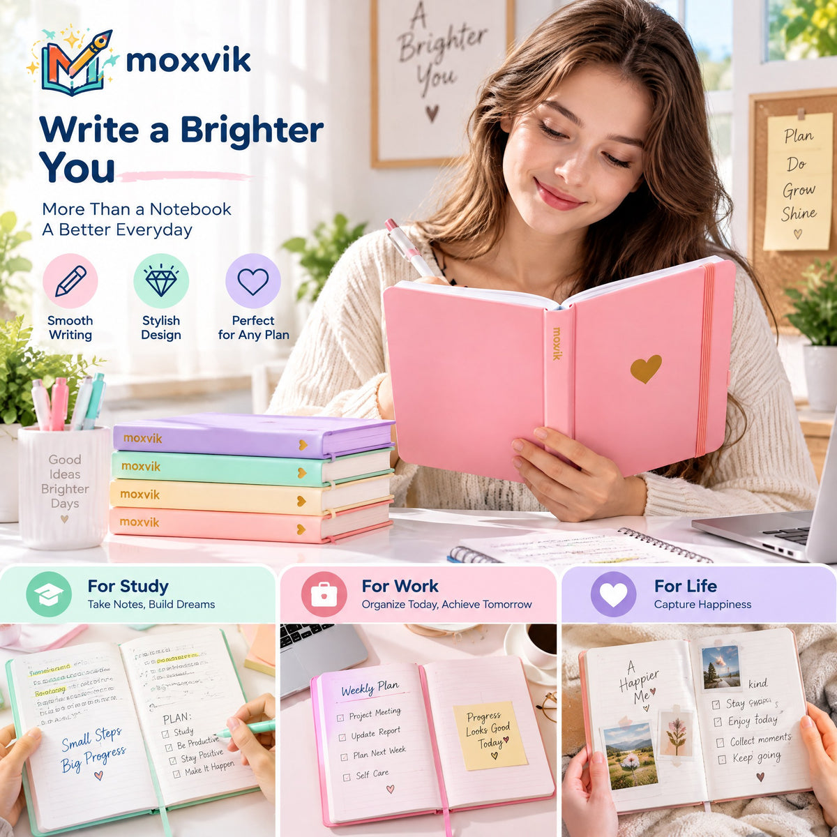 Moxvik Pink Heart Hardcover Journal, view 2