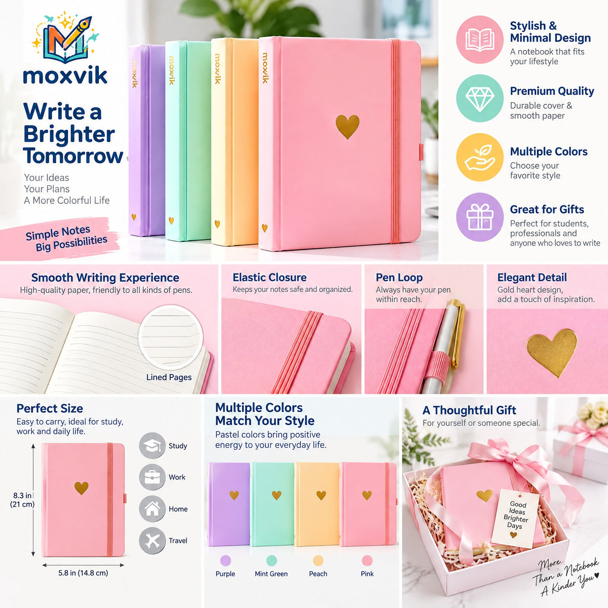Moxvik Pink Heart Hardcover Journal, view 3