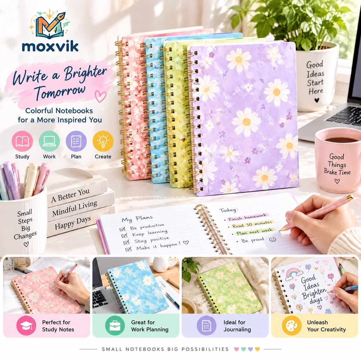 Moxvik Pastel Floral Spiral Notebook Set, view 2