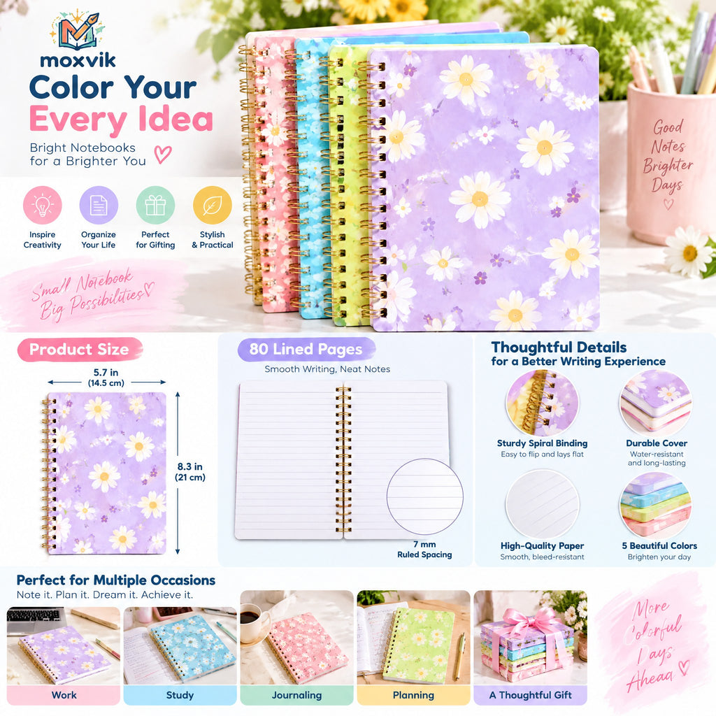 Moxvik Pastel Floral Spiral Notebook Set, view 3