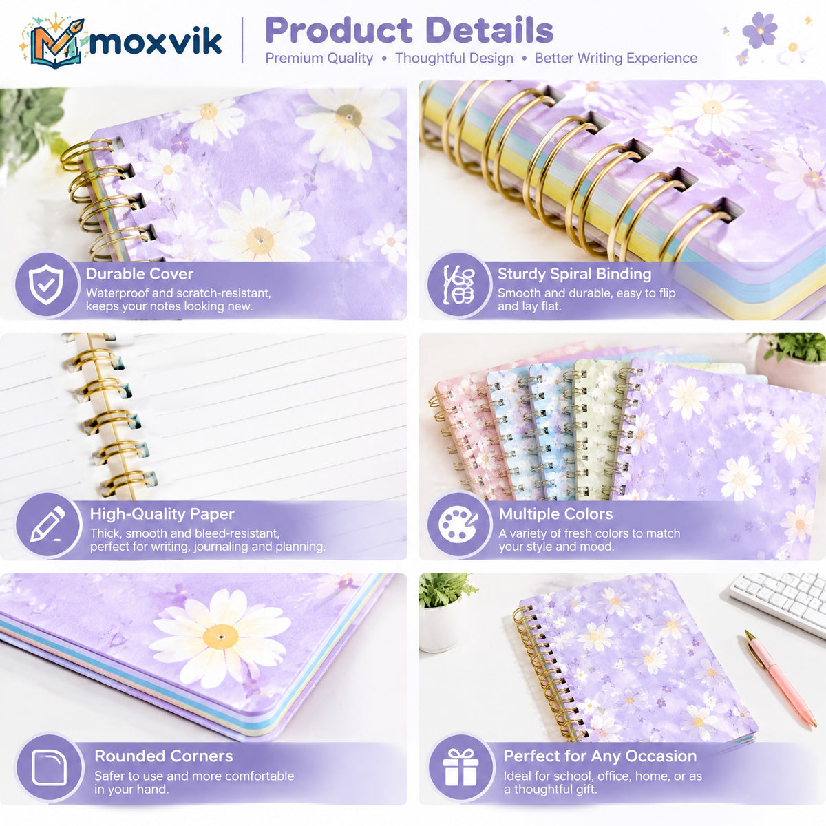 Moxvik Pastel Floral Spiral Notebook Set, view 4