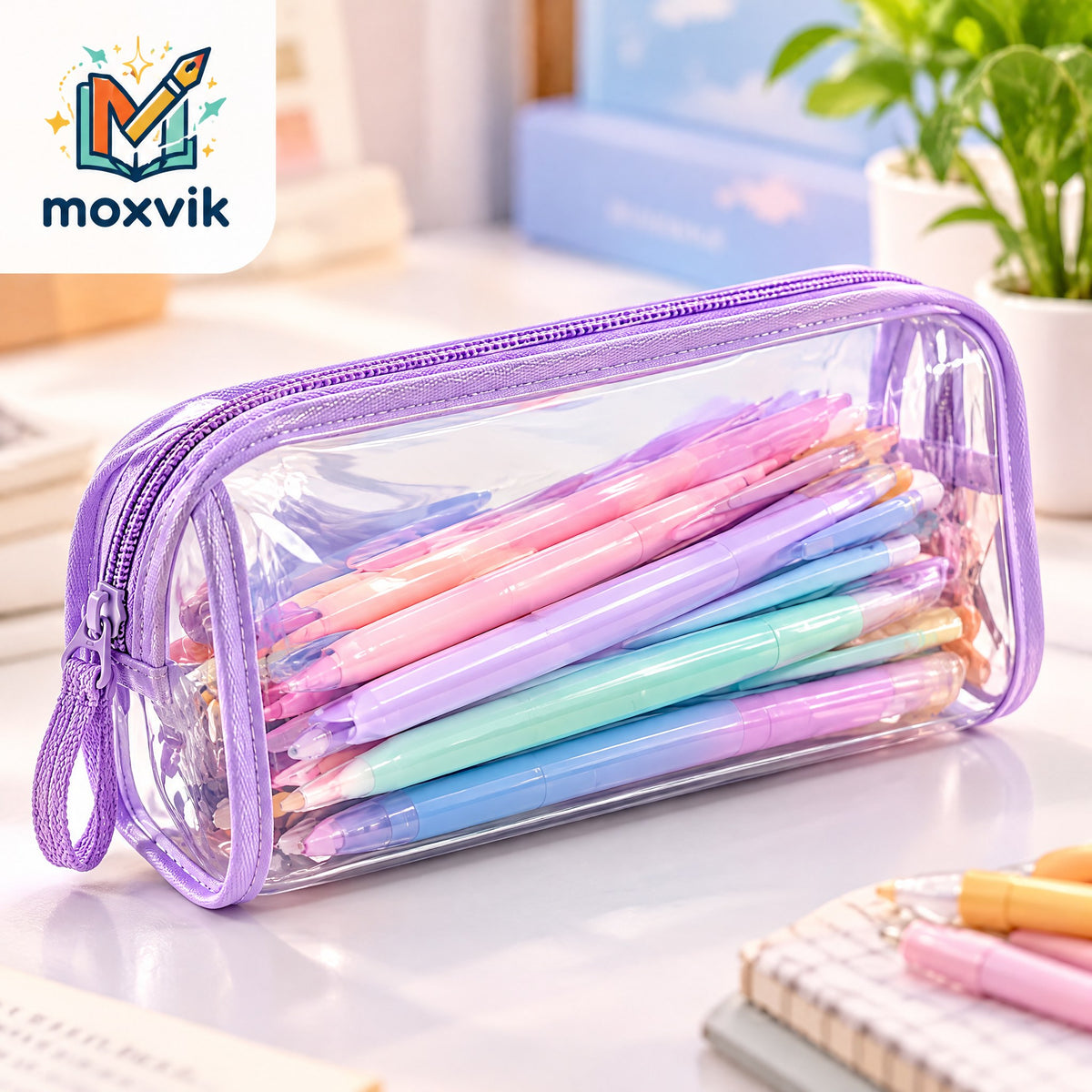 Moxvik Clear Purple Zipper Pencil Pouch, view 1