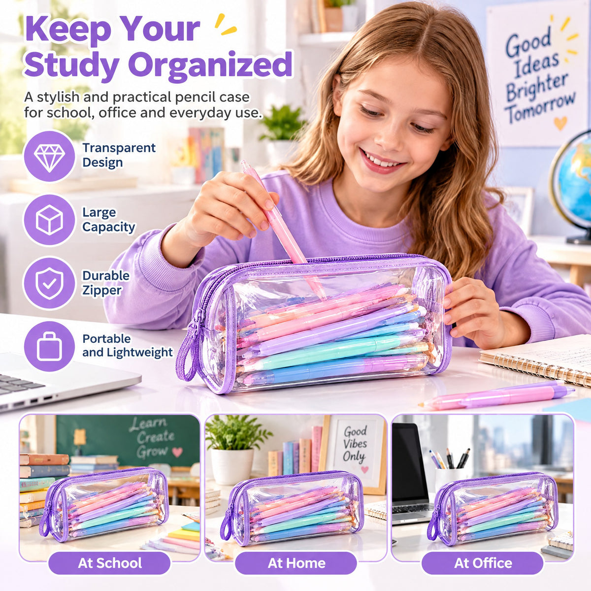 Moxvik Clear Purple Zipper Pencil Pouch, view 2