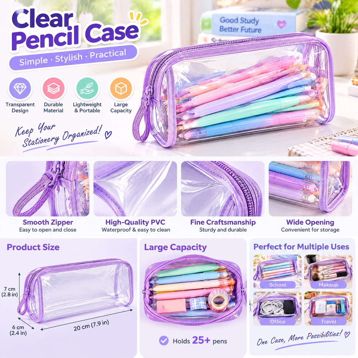 Moxvik Clear Purple Zipper Pencil Pouch, view 3
