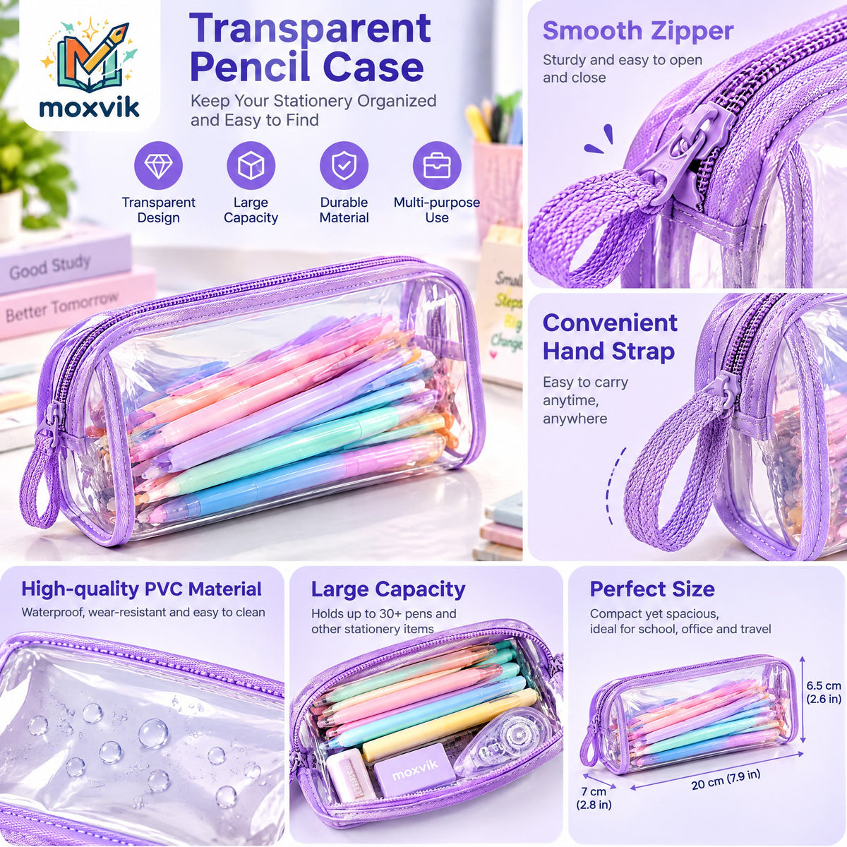Moxvik Clear Purple Zipper Pencil Pouch, view 4