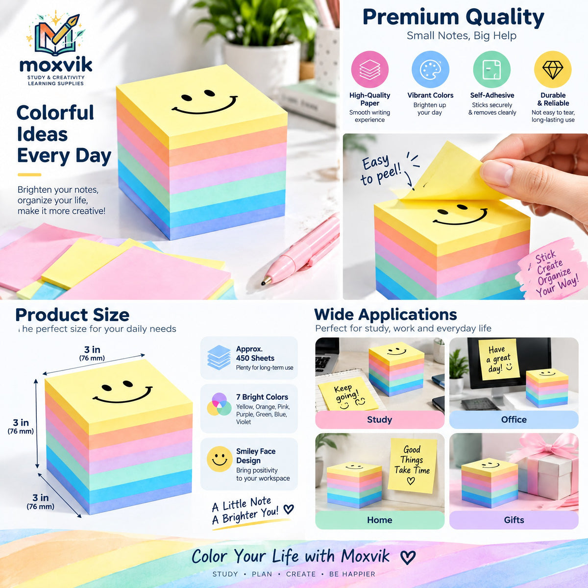 Moxvik Smiley Face Pastel Sticky Notes Set, view 3